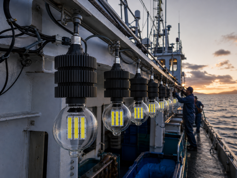 High-power marine LED fishing lights mounted along a vessel side with cabling visible