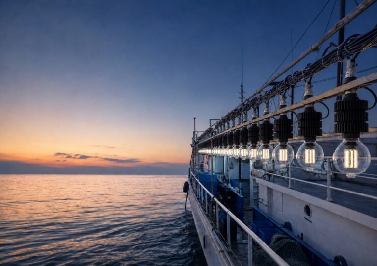 Above-water fishing lights on a vessel at dusk over open water