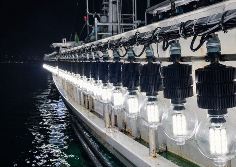 Commercial squid-jigging vessel with an above-water LED fishing light array at night