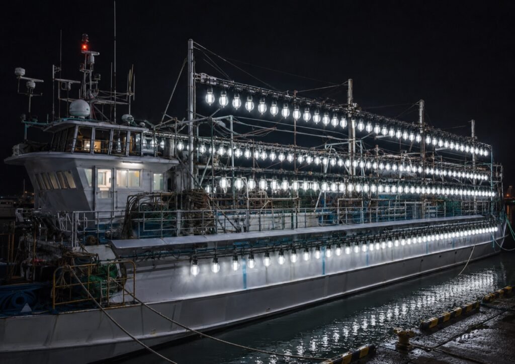 Commercial fishing vessel with rows of above-water attracting lights at night